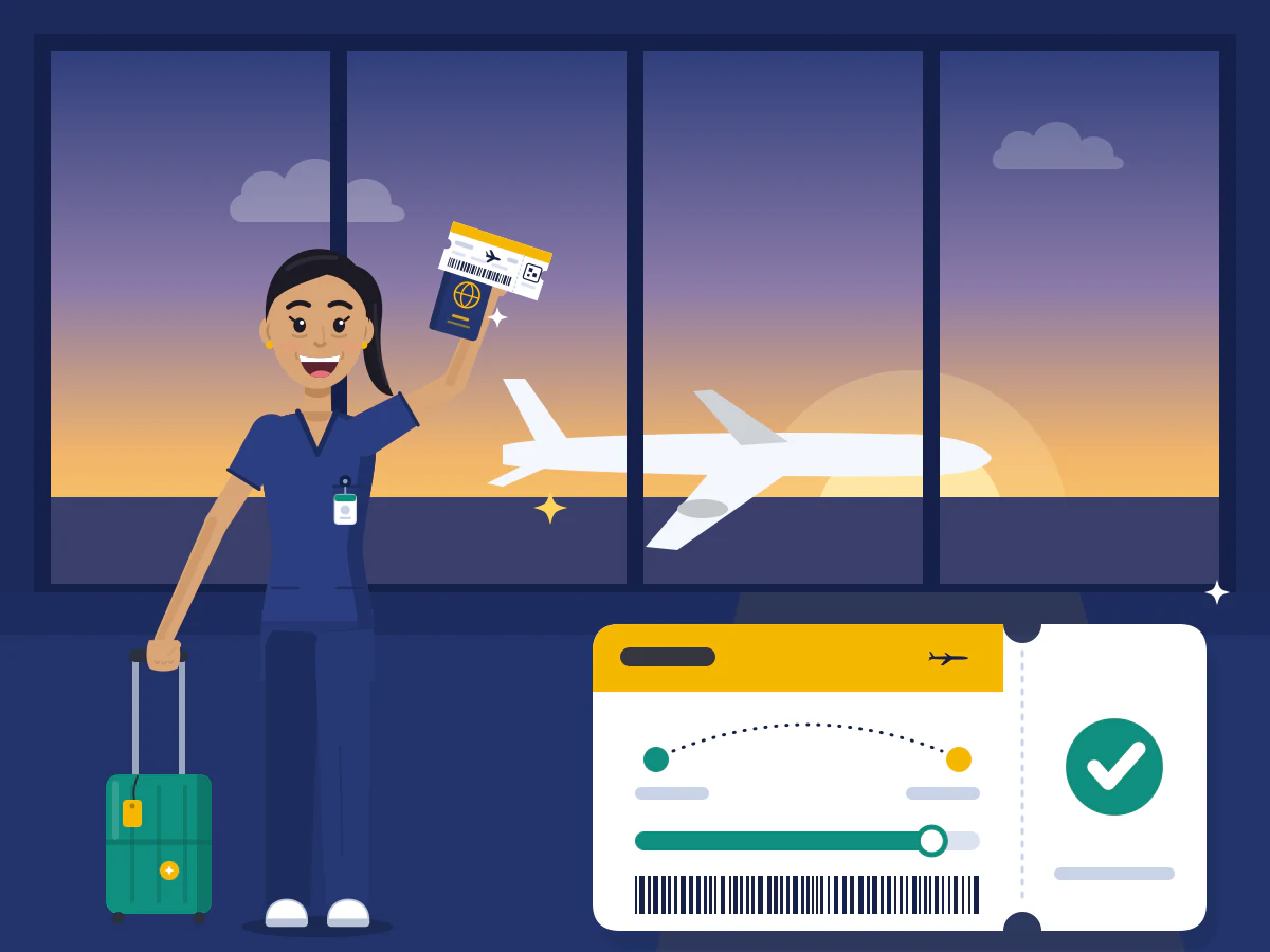 A smiling nurse at the airport gate holds up her passport and boarding pass, with a plane outside at sunrise and a big boarding pass with a tick.