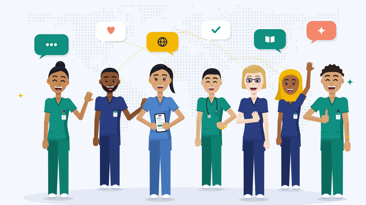 Seven smiling nurses from different countries chat together in front of a world map, with speech bubbles showing hearts, ticks and a globe.