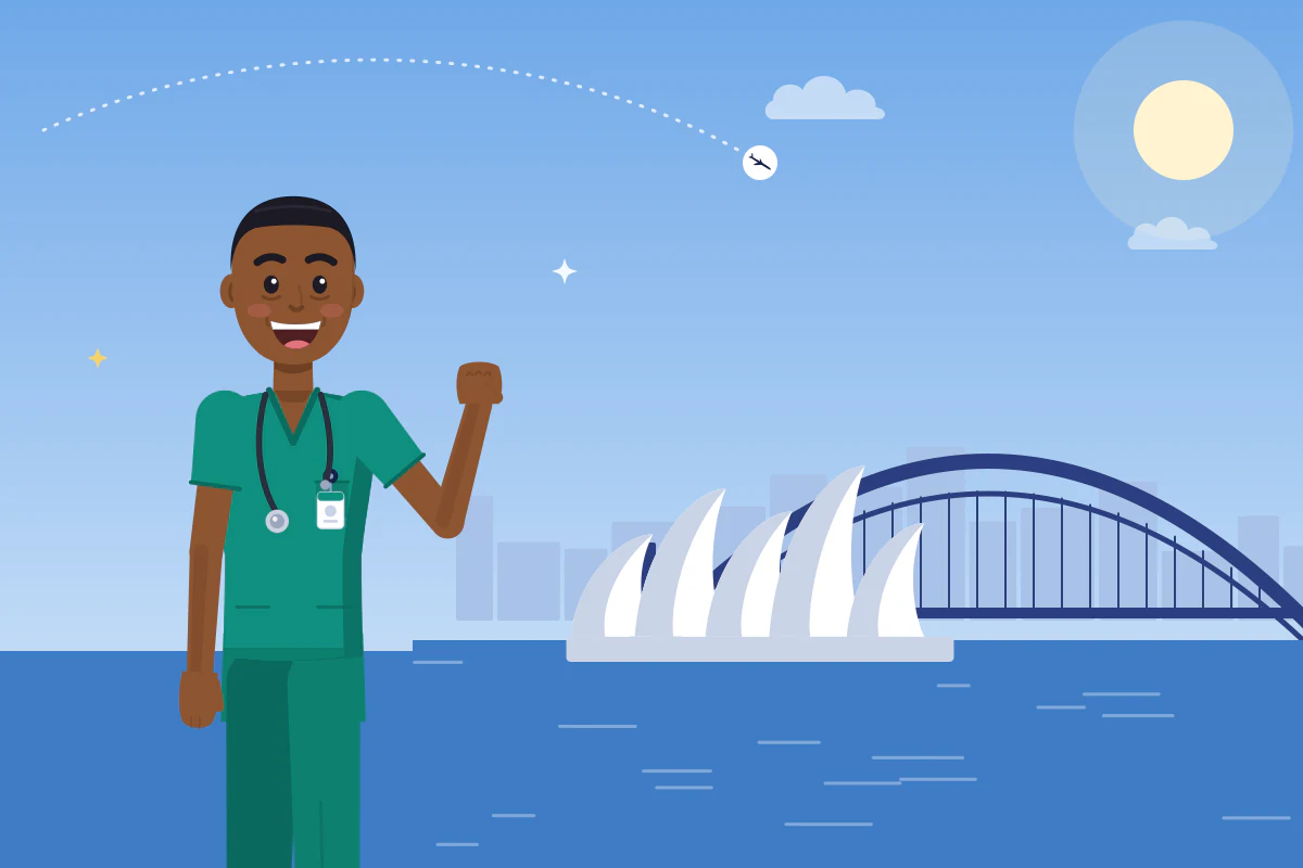 A cheerful nurse raises his fist in front of a harbour with shell-shaped roofs and a big steel arch bridge.