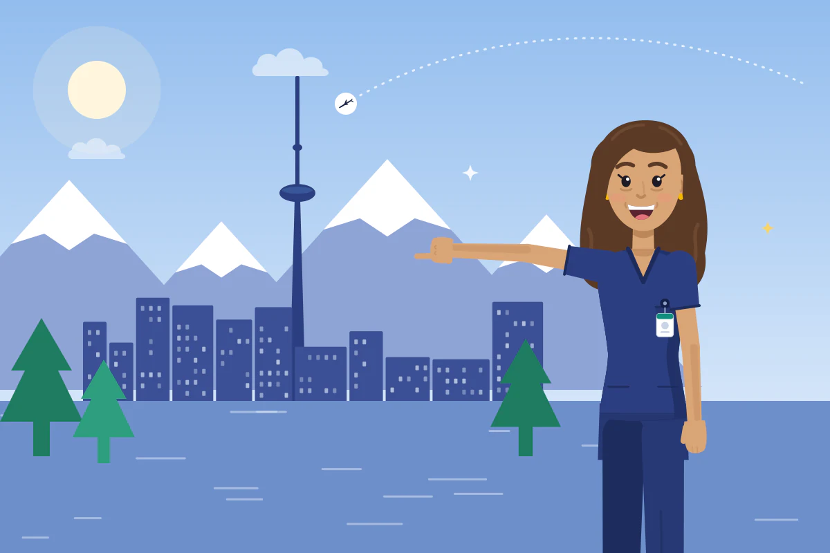 A smiling nurse points to a tall needle tower by a lake, with snowy mountains and pine trees behind.