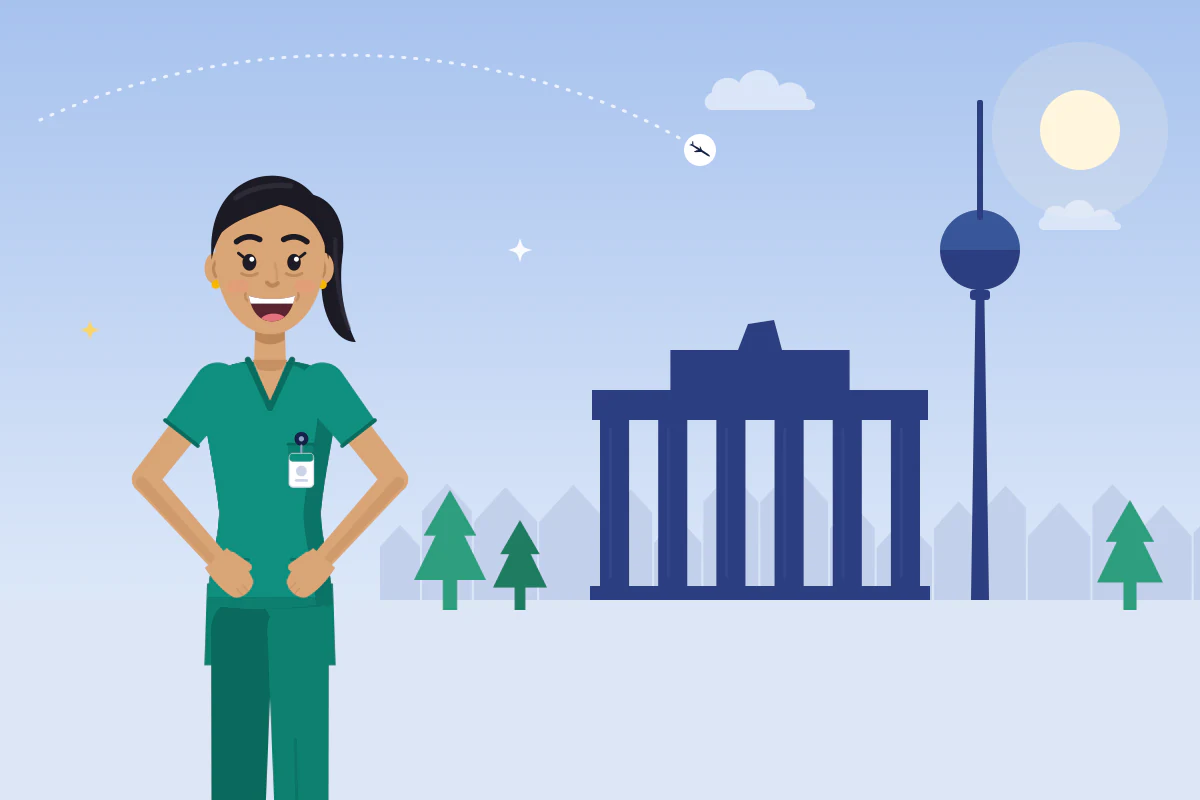 A confident nurse with her hands on her hips smiles in front of a classical city gate and a TV tower.