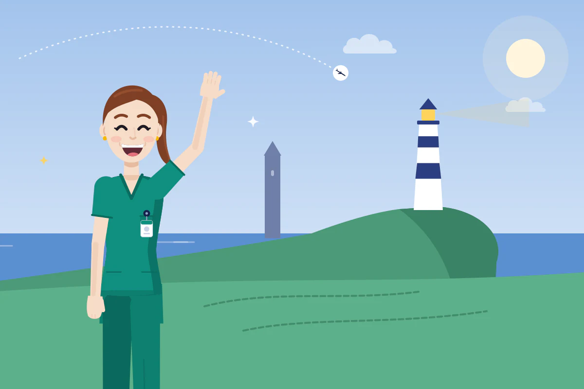 A smiling nurse waves in front of green cliffs, a lighthouse and an old round stone tower by the sea.