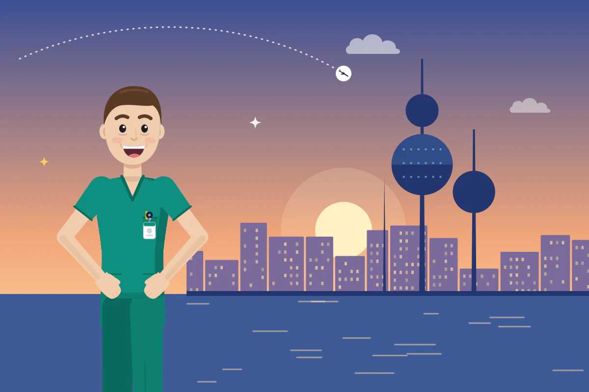 A smiling nurse with his hands on his hips stands by the sea in front of needle towers with round spheres at sunrise.