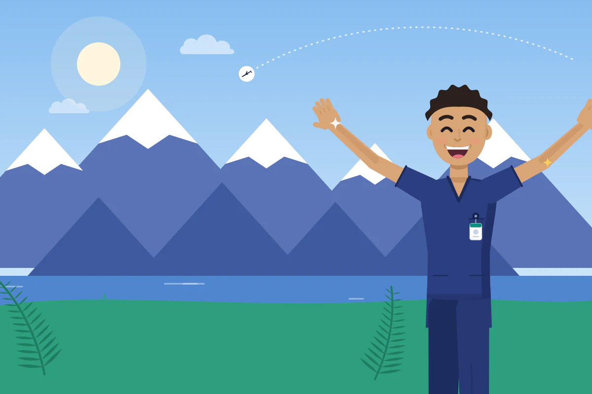 A happy nurse opens his arms wide in front of snowy mountains, a blue lake and green ferns.