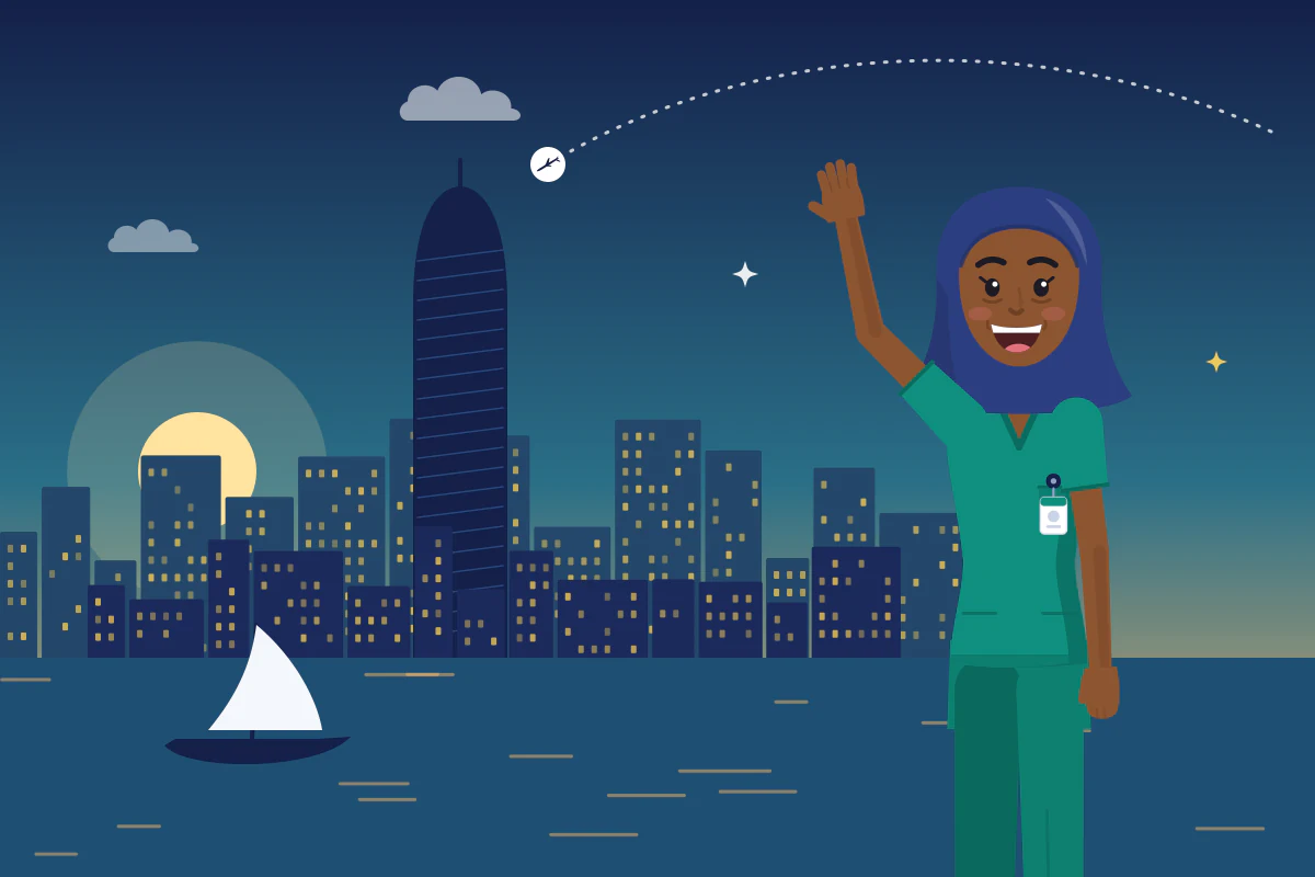 A smiling nurse in a headscarf waves by the water, with a rounded tower, a city skyline and a traditional sailing boat at dusk.