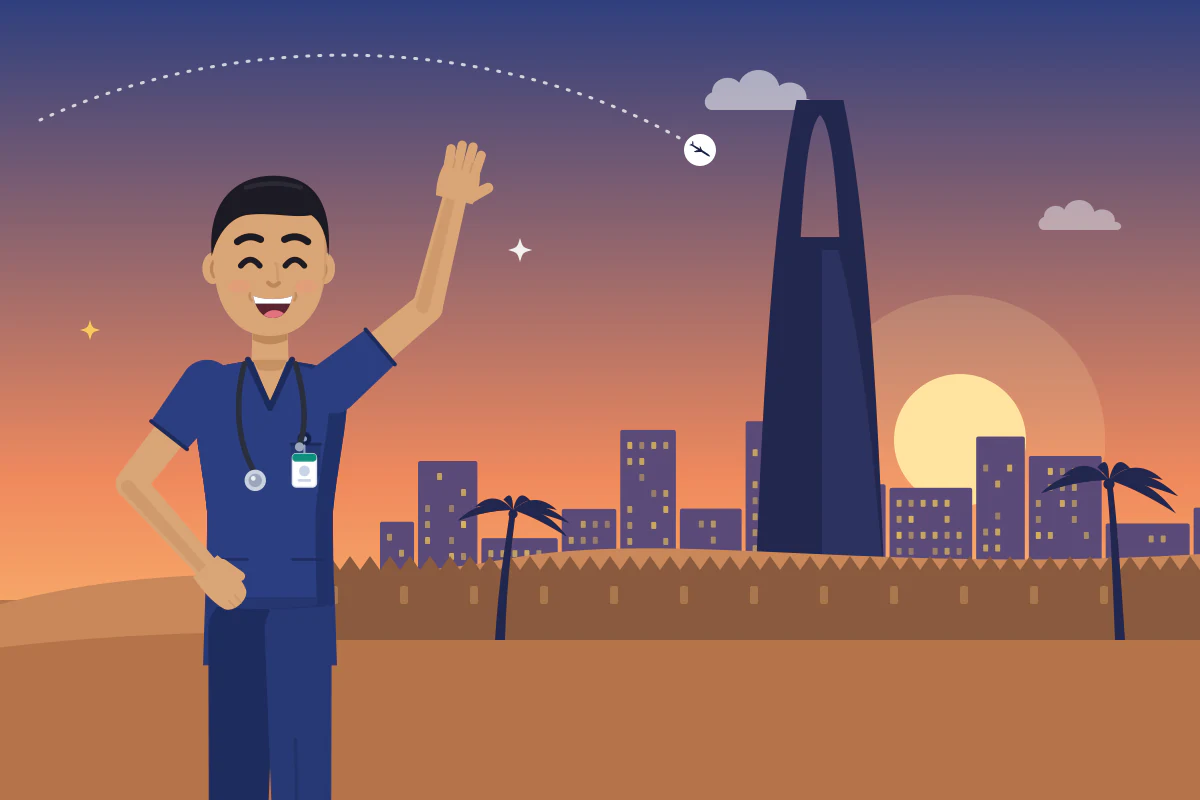 A smiling nurse waves in front of a tall tower with an arched top, palm trees and old mud-brick walls at sunset.