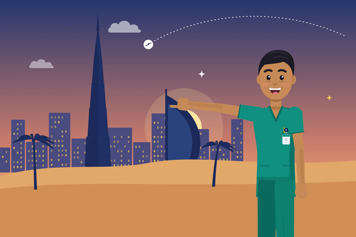 A smiling nurse points to a very tall tower and a sail-shaped hotel above desert dunes at dusk.