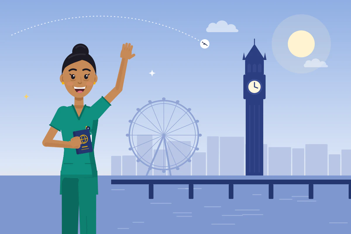 A smiling nurse waves in front of a London-style clock tower, a big wheel and a river bridge.
