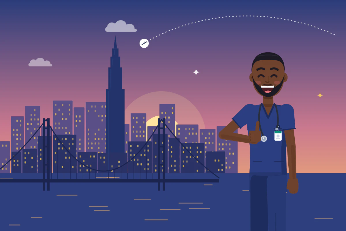 A smiling nurse gives a thumbs up in front of a city skyline and a suspension bridge at sunset.