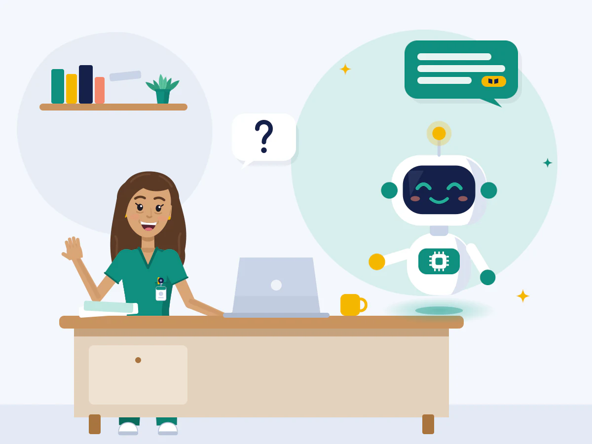 A smiling nurse at her desk asks a question to a friendly robot helper, which answers in a speech bubble; the helper is clearly a machine.