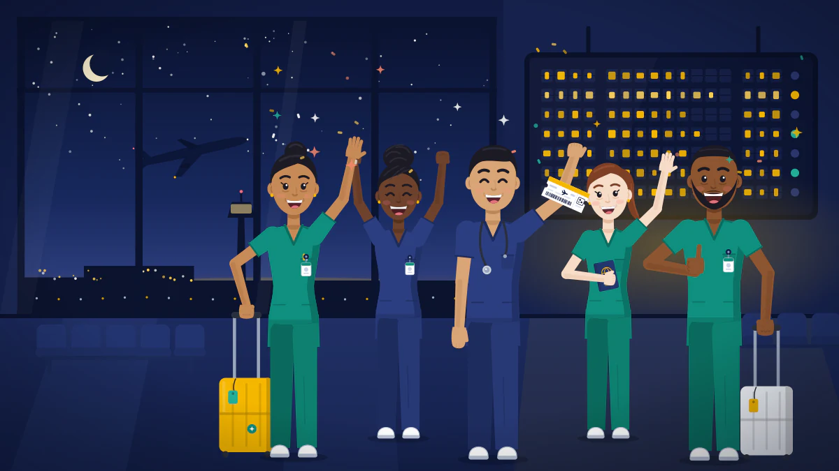 Five smiling nurses in teal and navy scrubs celebrate with their suitcases at an airport gate at night, under a glowing departures board.