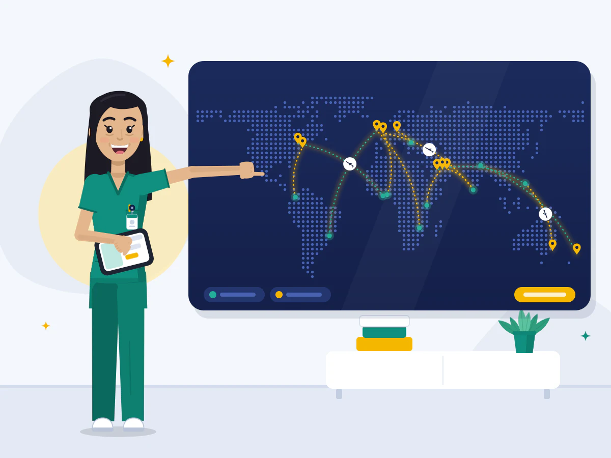A smiling nurse points at a world map with travel routes from India, the Philippines, Africa, Nepal, Eastern Europe and Latin America to countries around the world.