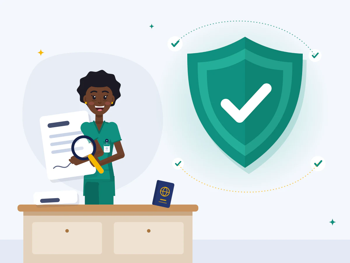 A smiling nurse checks her job documents with a magnifying glass, next to a large shield with a tick that stands for a safe, honest route.