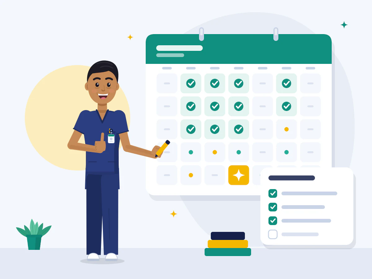A happy nurse gives a thumbs up while ticking off study days on a big calendar, next to a checklist with most items done.