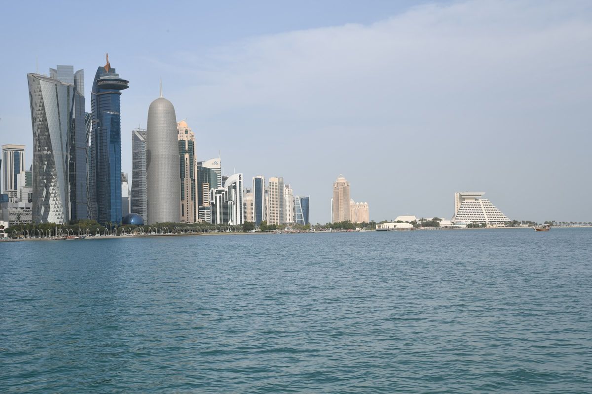 The Doha skyline across the water on a clear day